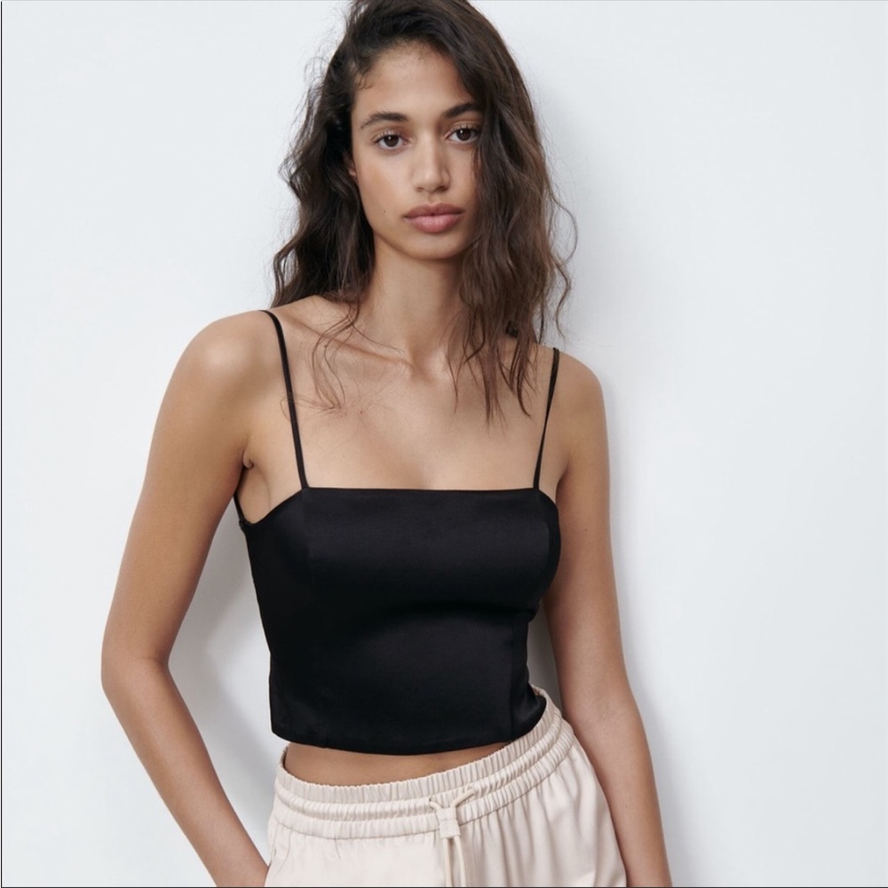 Zara black satin effect crop tank with open tie back. Size S. NWT